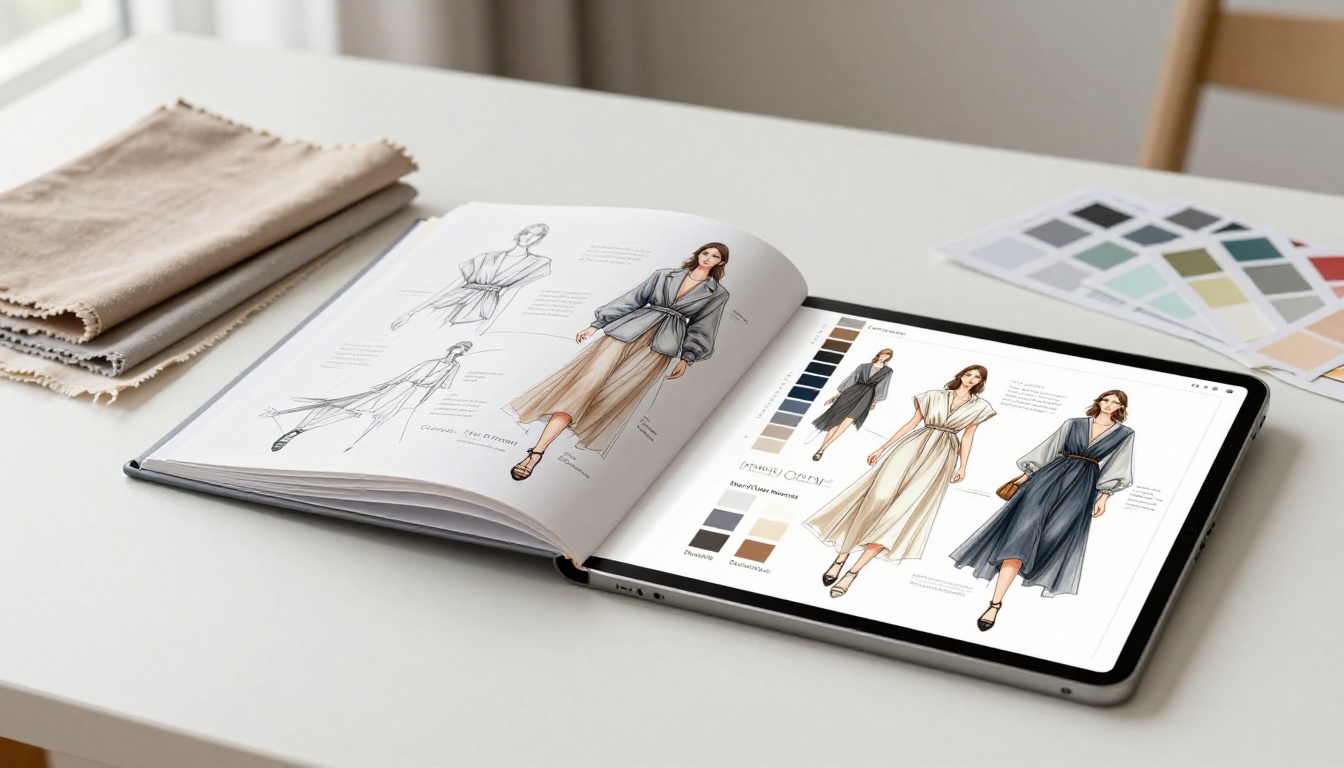 Fashion designer's open portfolio book surrounded by fabric swatches and sketches with a tablet showing the digital flipbook version Fashion designer's open portfolio book surrounded by fabric swatches and sketches with a tablet showing the digital flipbook version