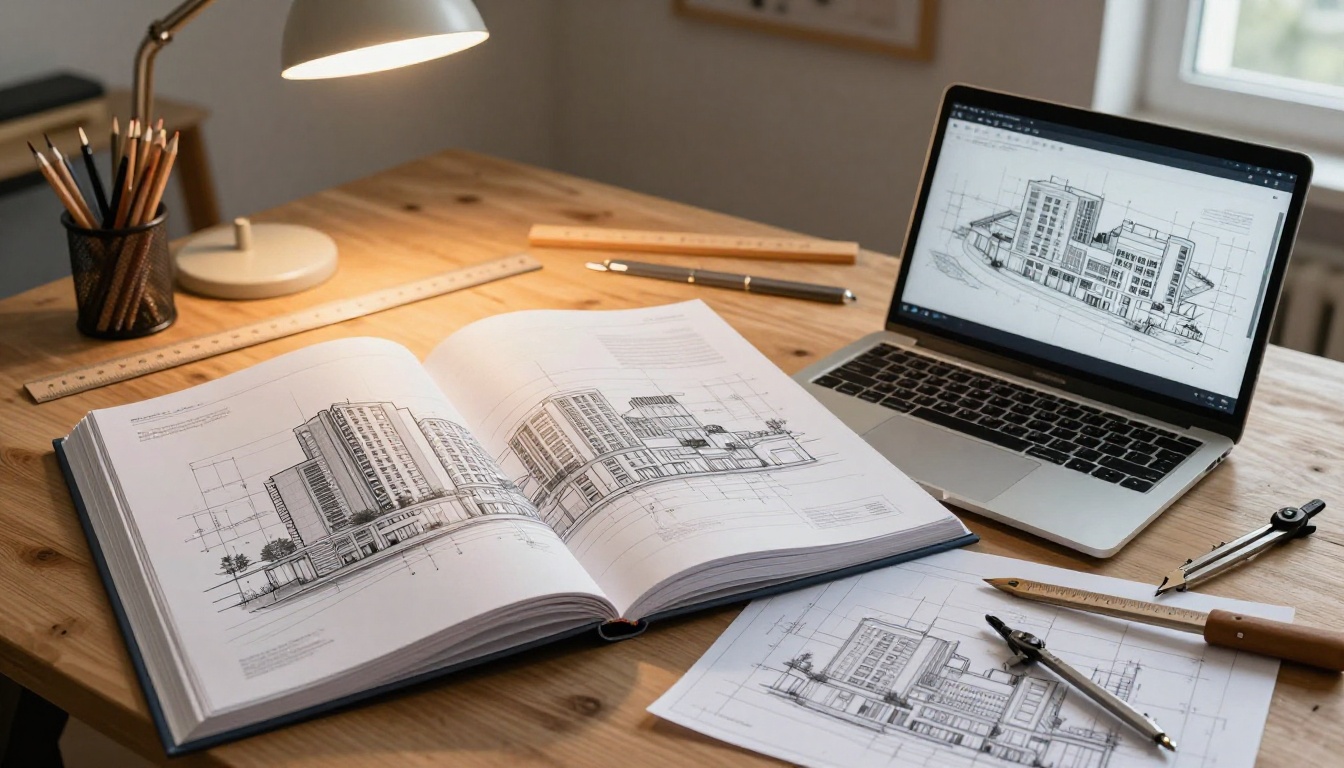 Architect reviewing an open large-format portfolio and digital flipbook version on a wooden drafting table with technical drawings Architect reviewing an open large-format portfolio and digital flipbook version on a wooden drafting table with technical drawings