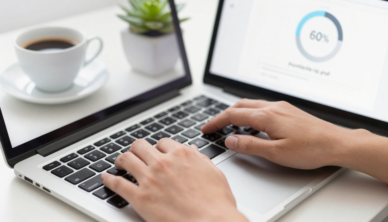 Person uploading a PDF portfolio file on a laptop with a circular progress indicator on screen Person uploading a PDF portfolio file on a laptop with a circular progress indicator on screen