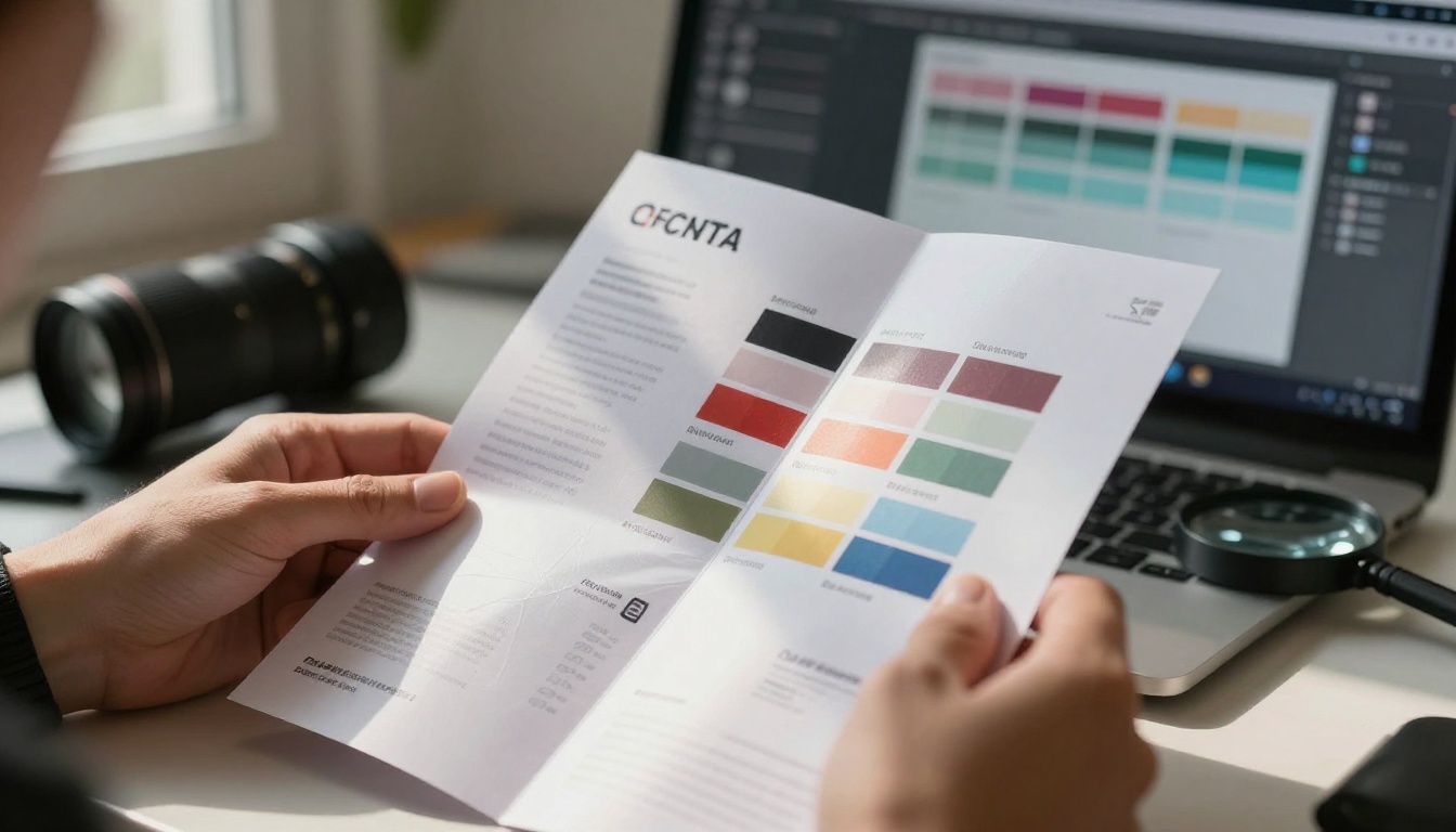 Close-up of a graphic designer inspecting a printed brochure proof against studio window light