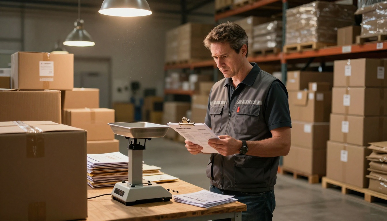 Shipping worker in warehouse reviewing logistics costs surrounded by boxes of printed brochures