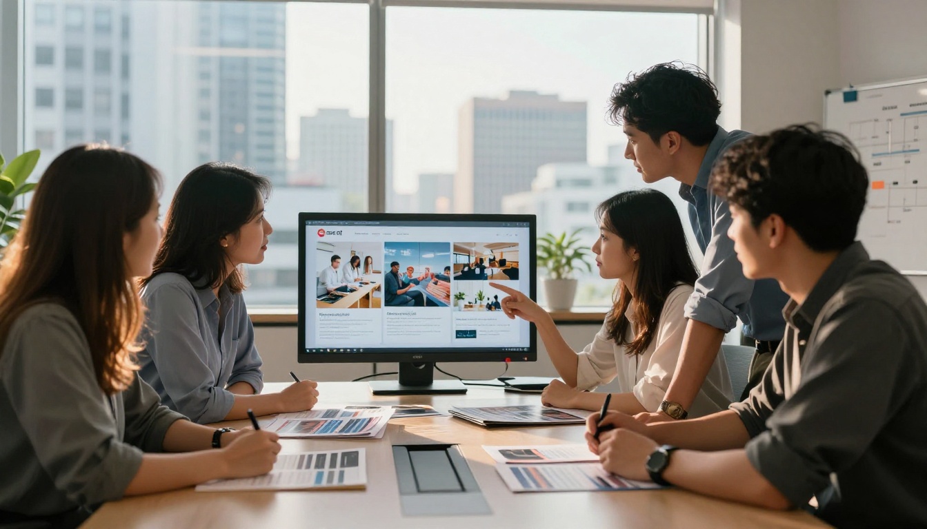 Marketing team gathered around conference table reviewing digital flipbook on large monitor