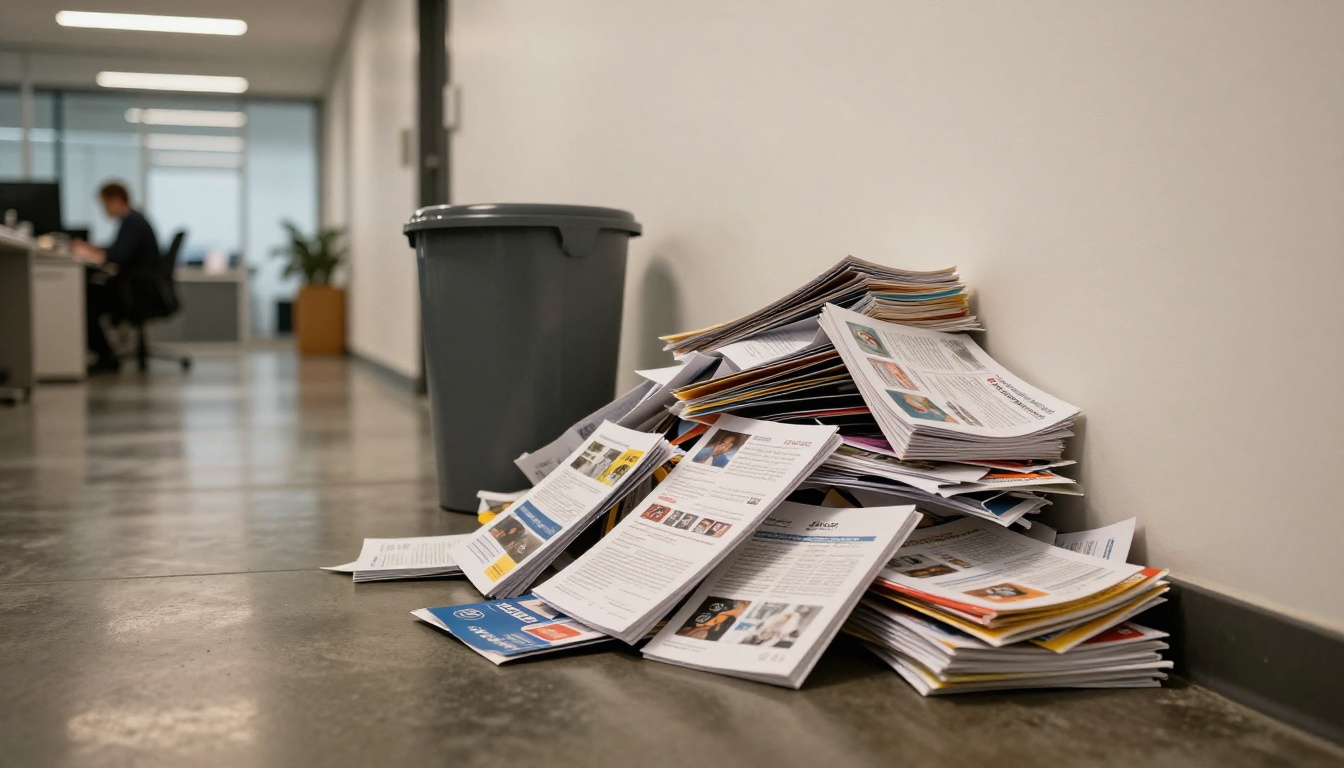 Recycling bin overflowing with outdated paper brochures and catalogs in modern office hallway