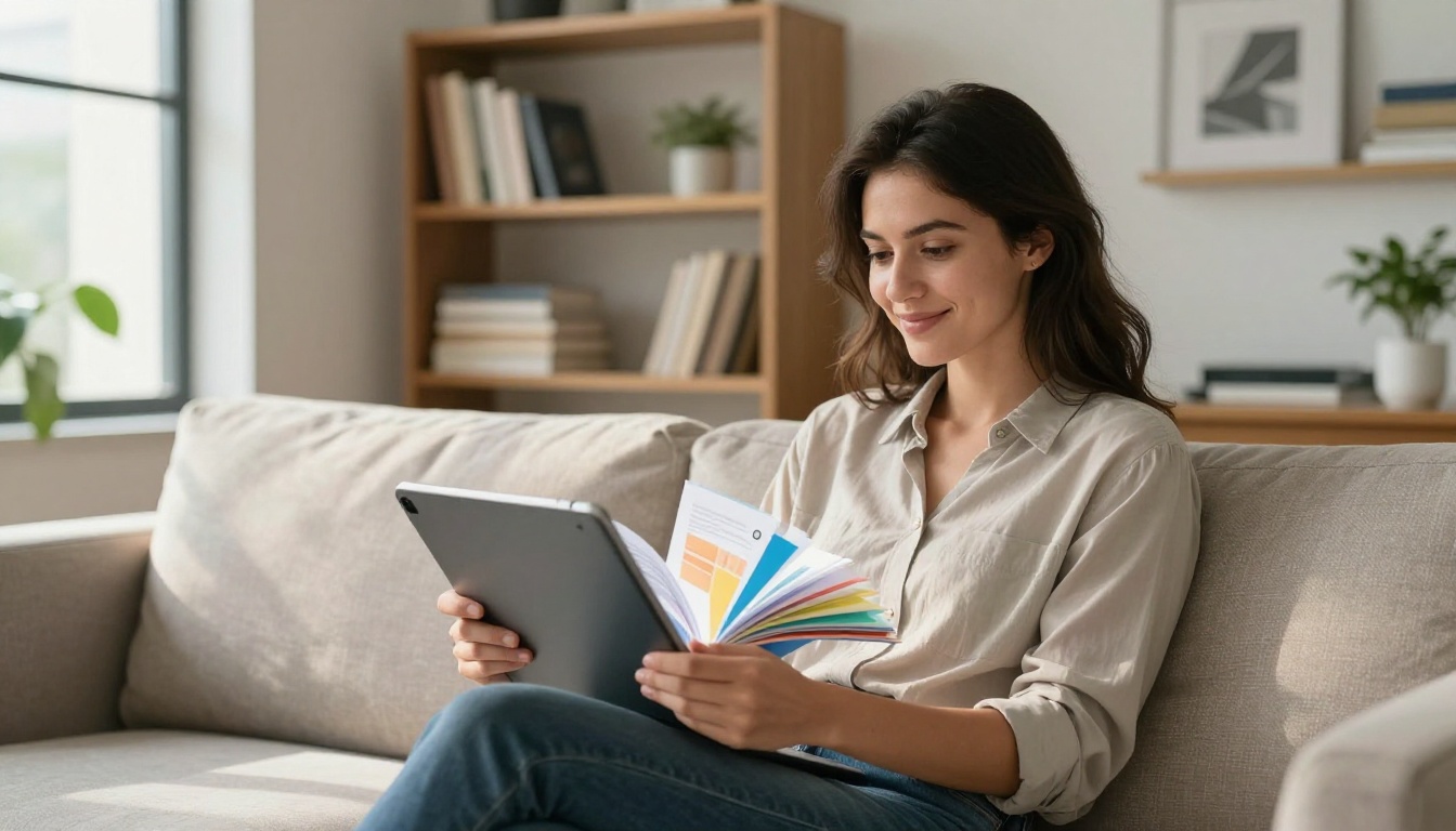 Young professional woman viewing interactive digital flipbook on tablet in bright home office