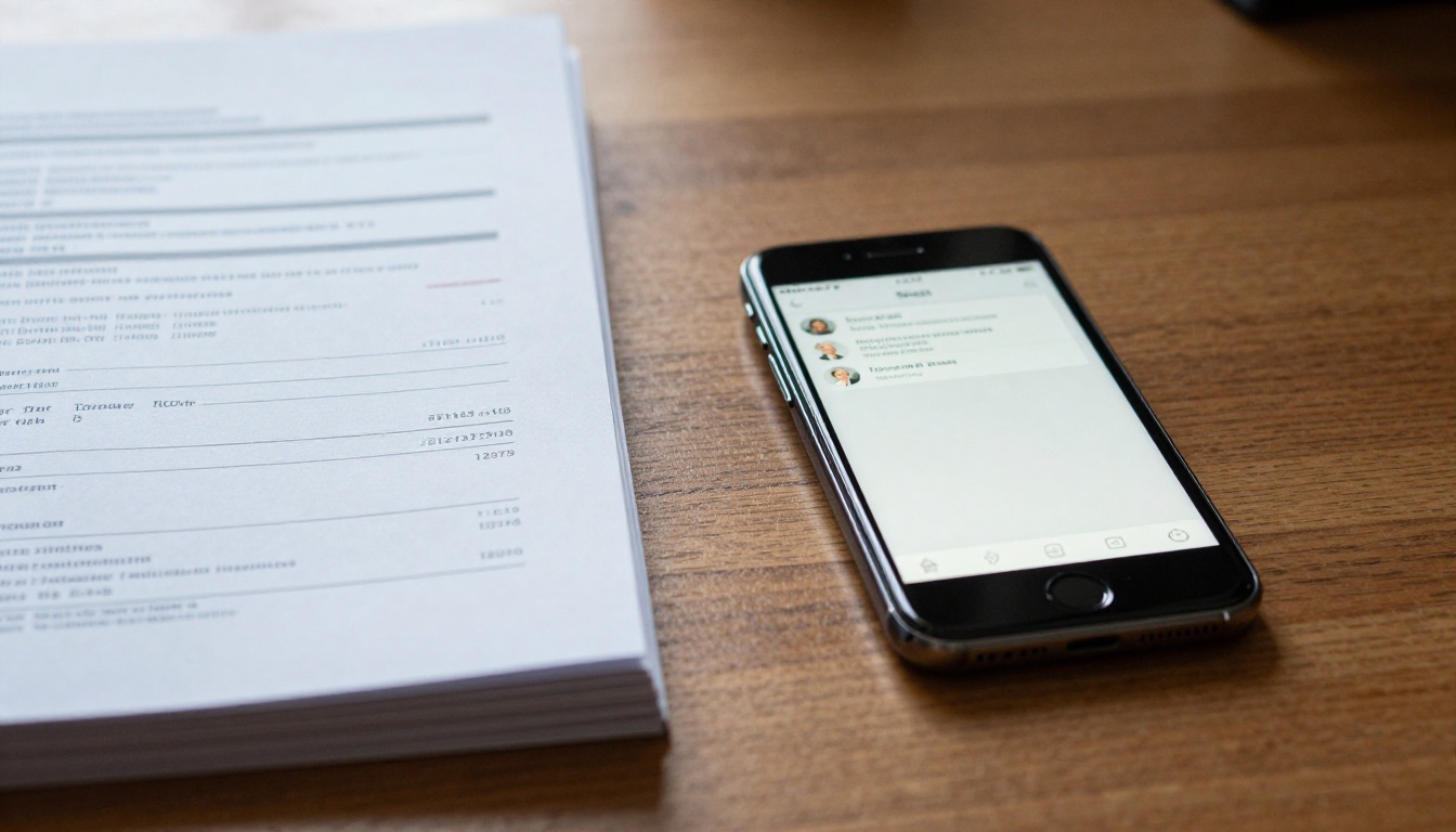 Side-by-side desk comparison of paper brochure stack with invoices versus smartphone showing digital flipbook