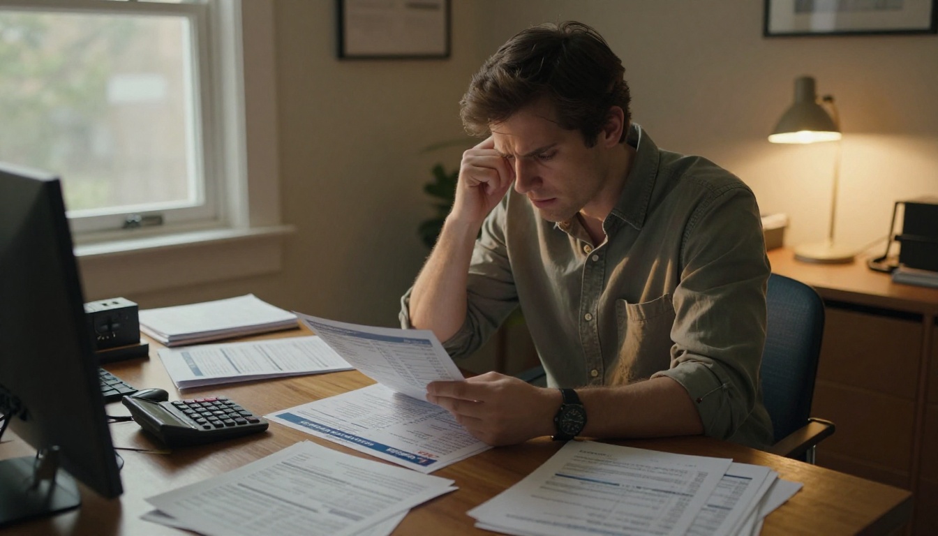 Small business owner frustrated reviewing printing invoices and brochure proofs at desk