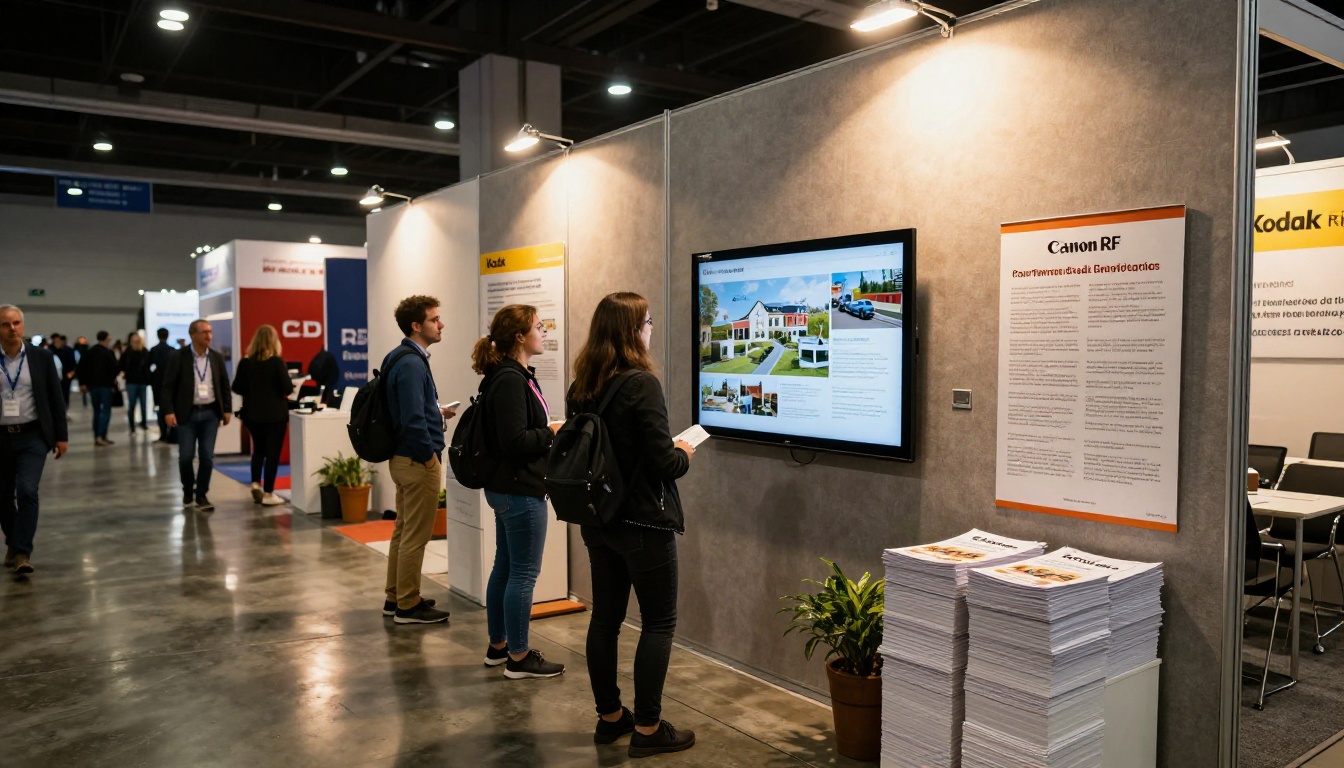 Trade show exhibition hall with digital flipbook display attracting visitors while printed brochure booth sits empty