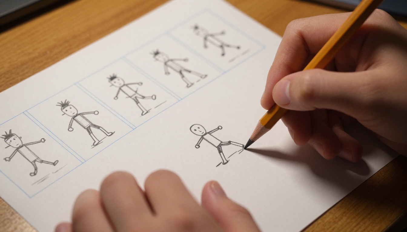 Extreme close-up of teenage hands drawing sequential animation frames on paper with a pencil, with completed flipbook pages fanned out on a wooden desk