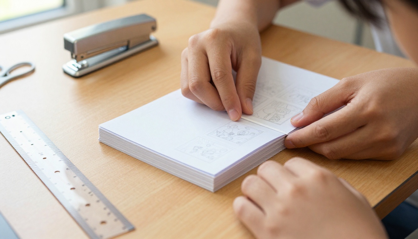Hands carefully stacking and aligning paper pages on a desk, preparing to bind them into a handmade flipbook