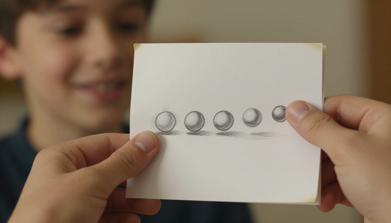 A teenager's thumb rapidly flipping through a handmade paper flipbook, pages caught in natural motion blur