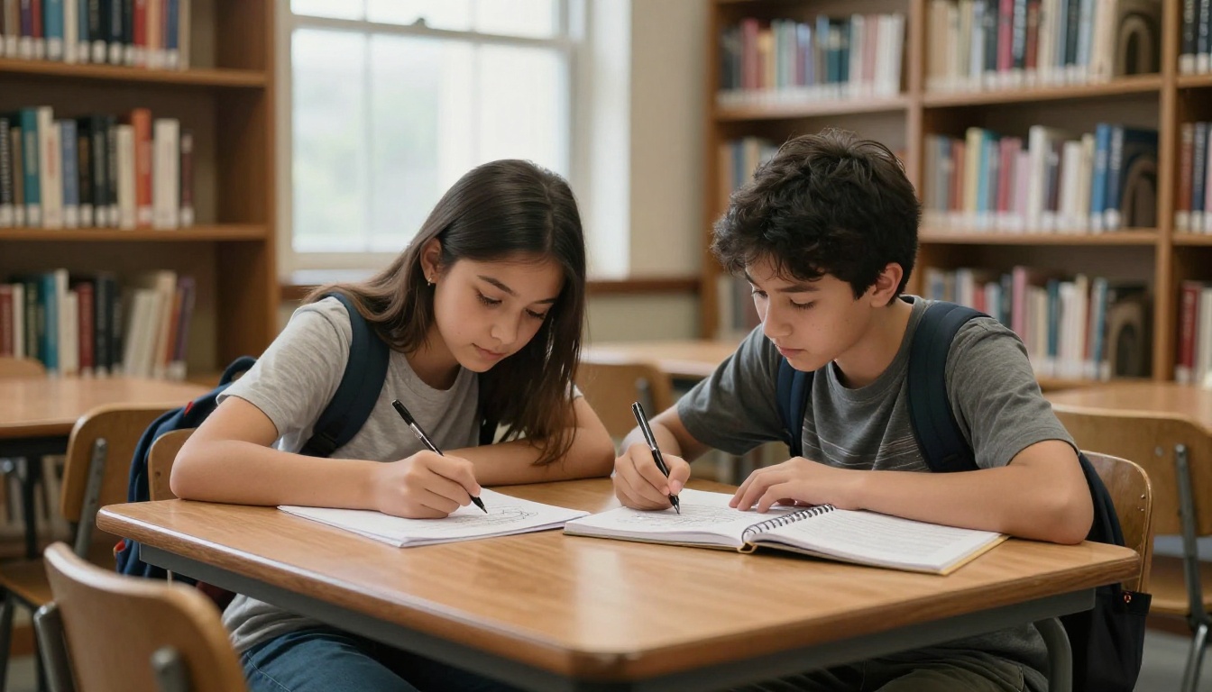 Two students working together at a library table on a school flipbook project, surrounded by papers and a notebook