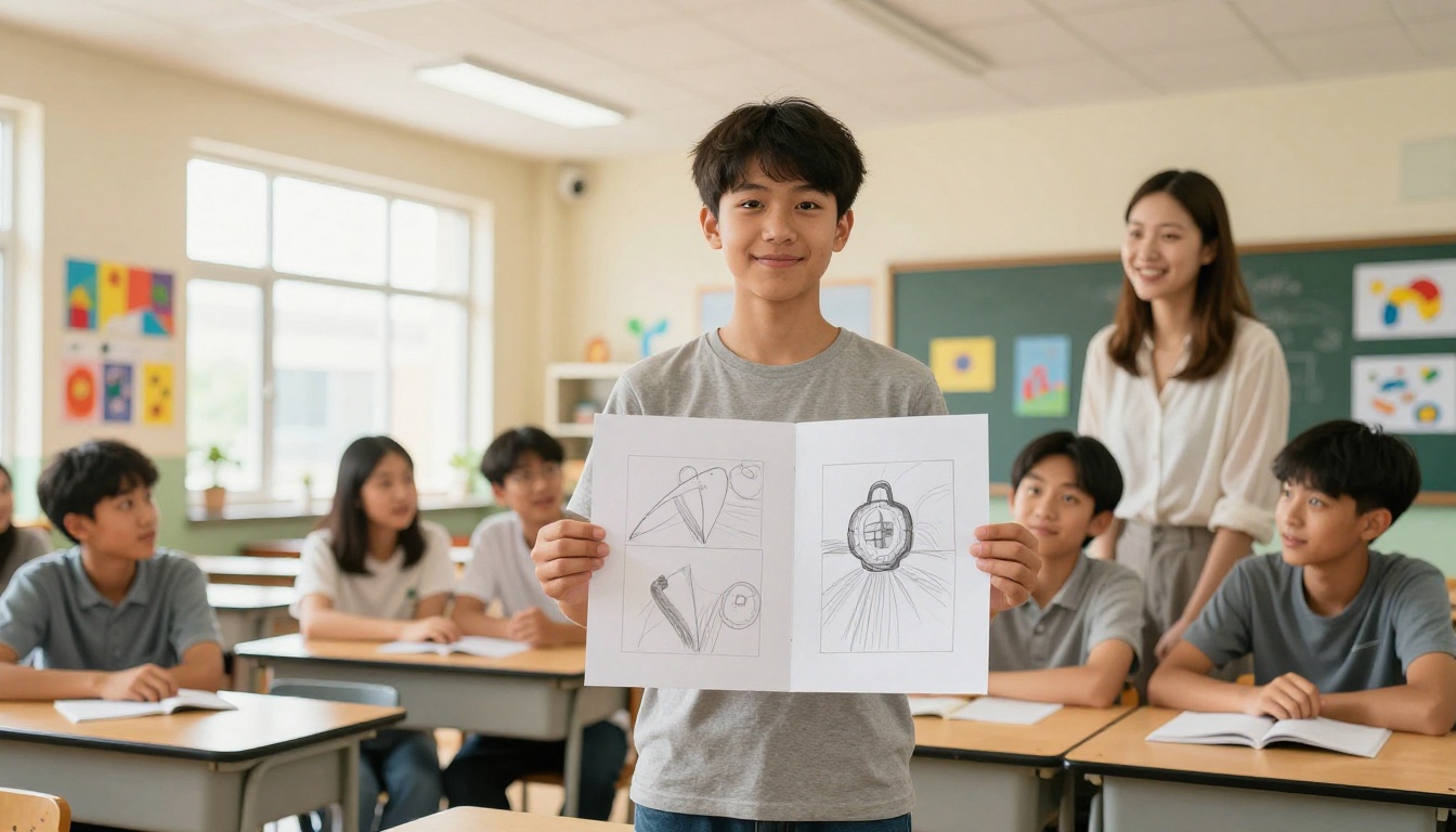 A student at the front of a classroom presenting a handmade flipbook project to classmates and a teacher