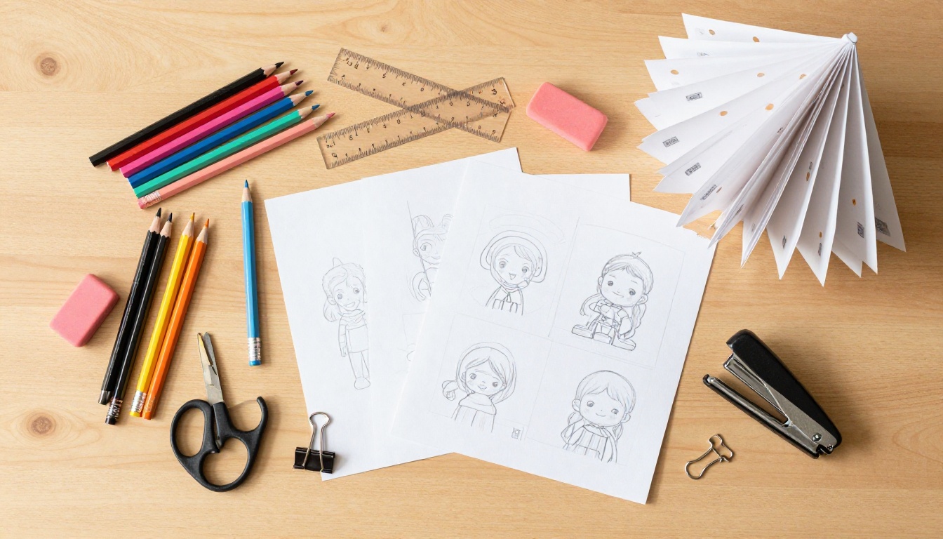 Colorful art supplies and paper laid flat on a school desk, including pencils, markers, scissors, and animation frame sheets