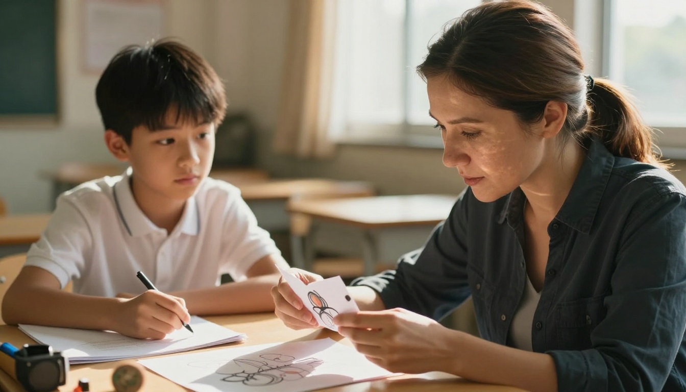 A teacher examining a student's handmade flipbook with an impressed expression, sitting beside the student's desk in a sunlit classroom