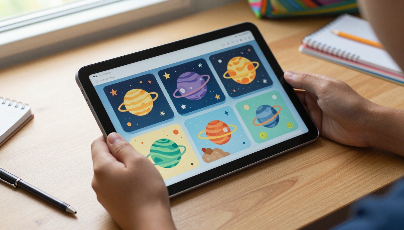 A student holding a tablet displaying a colorful digital flipbook about the solar system, with school supplies on the desk nearby