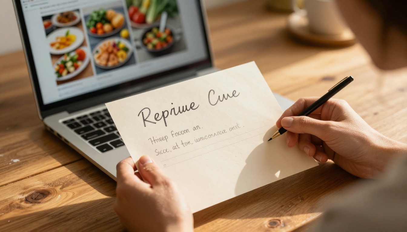Hands holding a printed recipe card over a rustic kitchen table with a digital flipbook visible in the background on a laptop