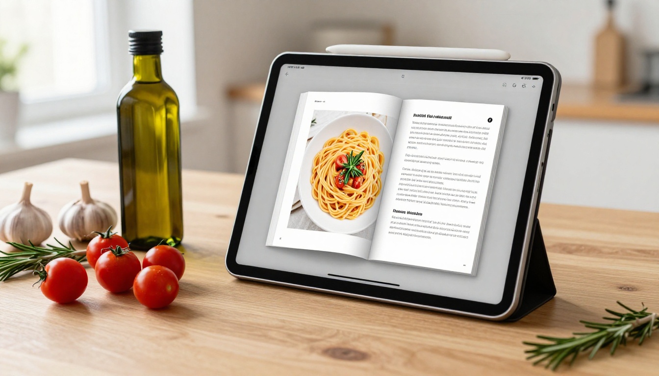 Aerial top-down view of an iPad displaying an open digital cookbook surrounded by fresh tomatoes, garlic, olive oil, and rosemary on a wooden kitchen table
