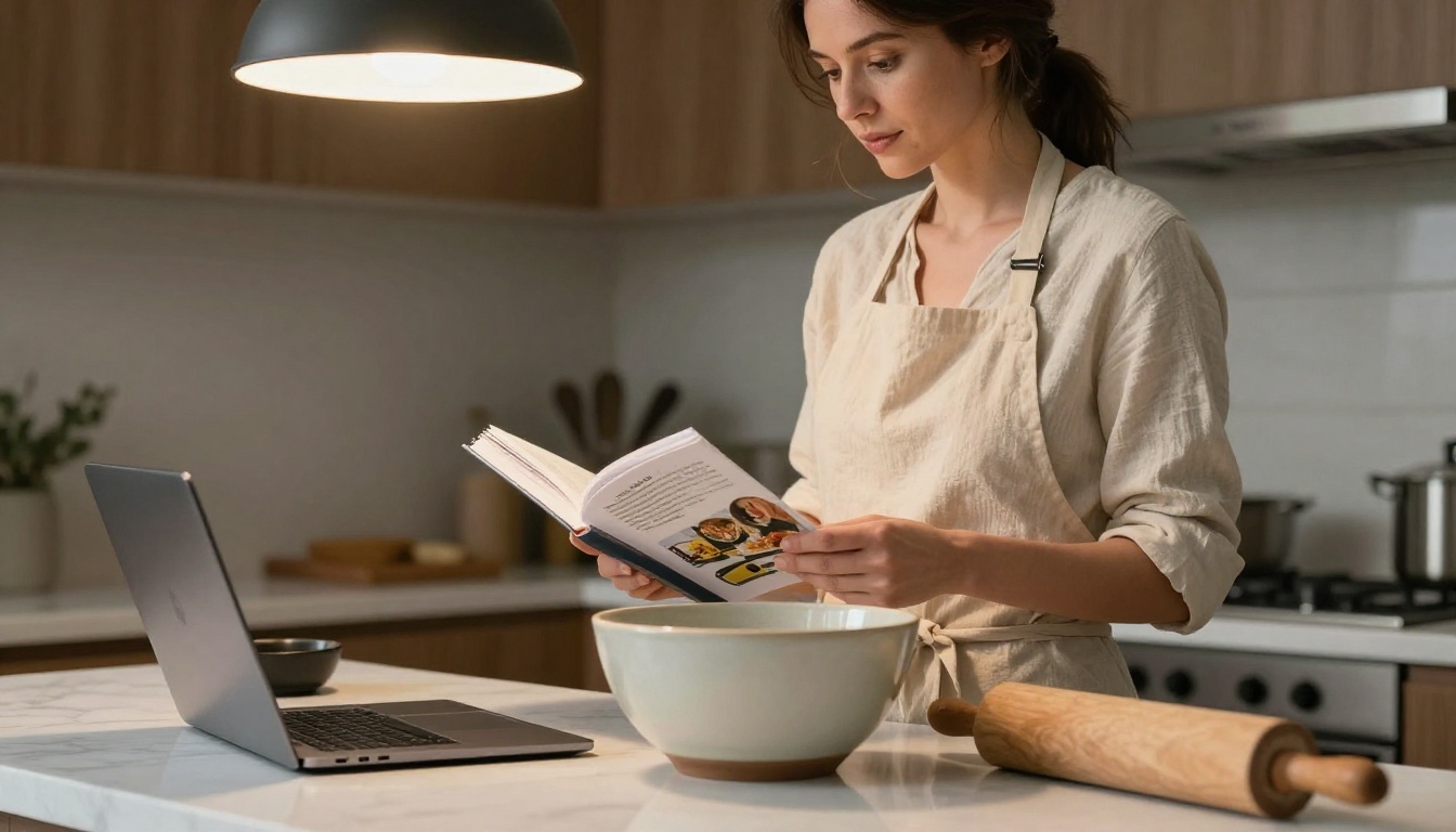 A woman in a cream linen apron at a white marble kitchen counter, reading a recipe from a laptop showing a digital flipbook cookbook page