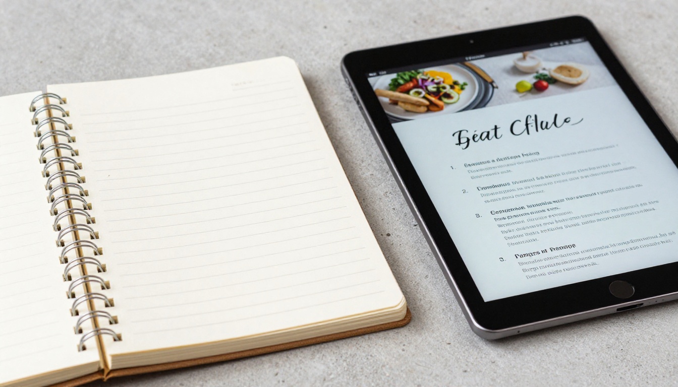 Side-by-side comparison on a concrete countertop of a spiral-bound handwritten recipe notebook and a sleek tablet showing the same recipe formatted professionally with typography and food photography