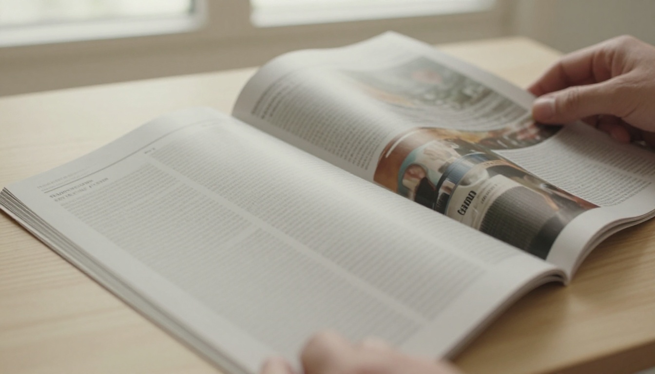Page-turning magazine held open by hands on a wooden table