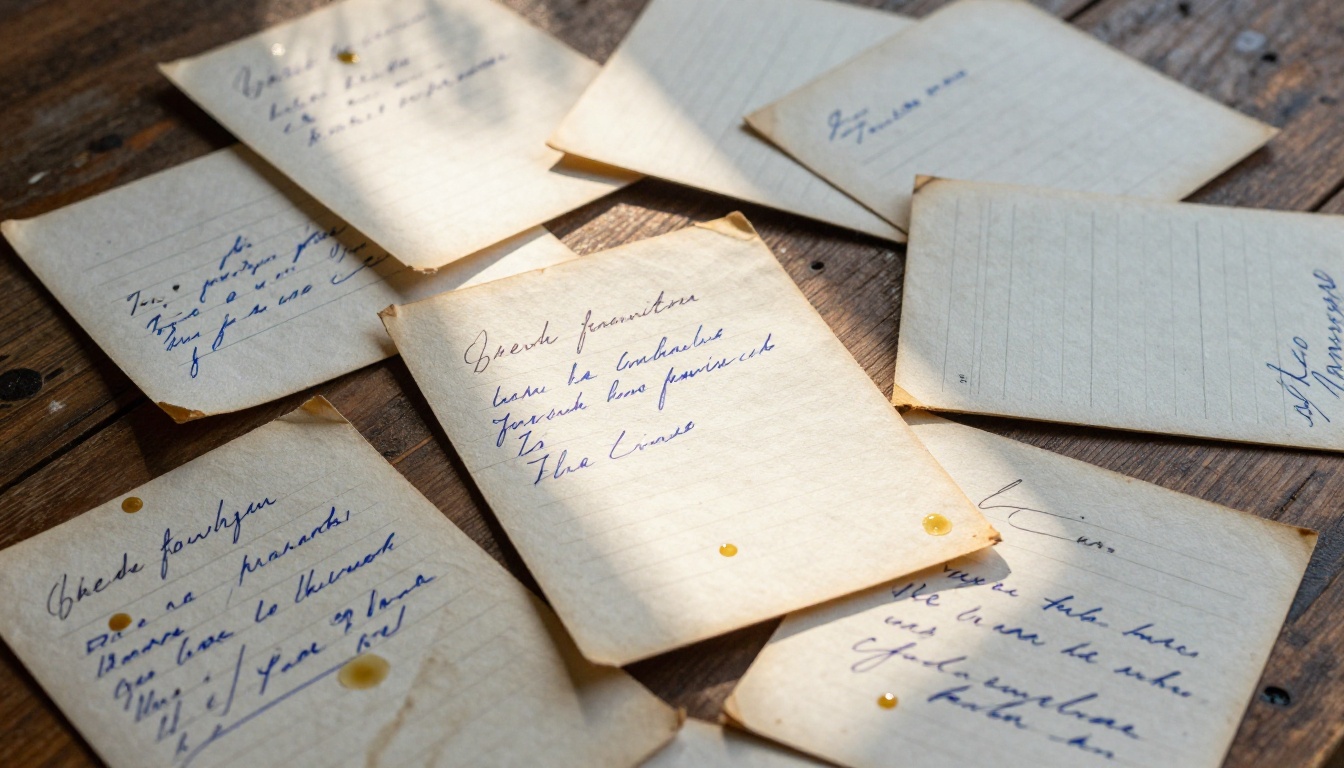 A collection of old family recipe cards on a rustic farmhouse wooden table, one card held up toward warm afternoon window light