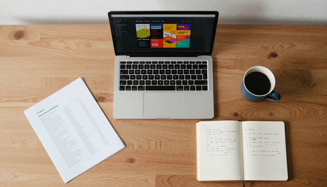 Aerial flat lay workspace with laptop, PDF document, coffee mug, and notebook