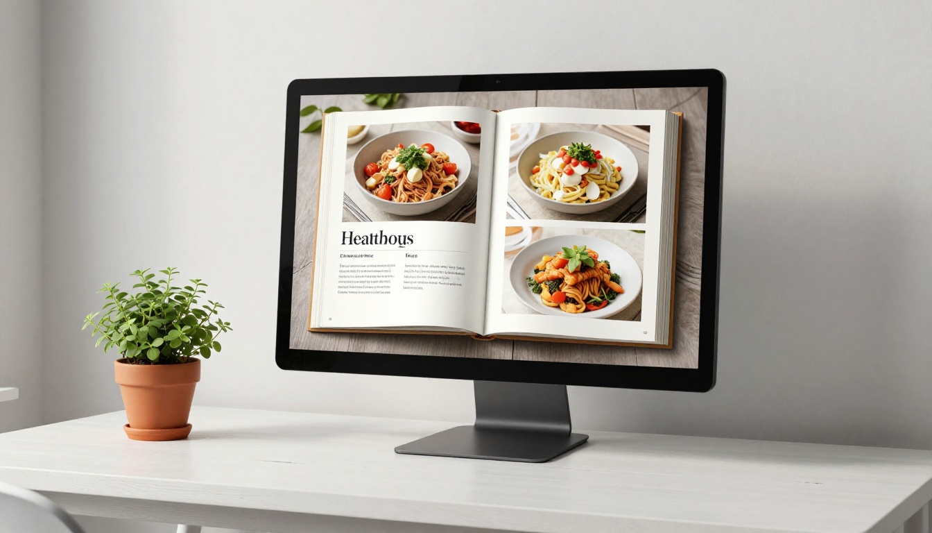 A digital cookbook displayed on a large monitor at a clean modern desk with a small terracotta potted herb plant beside it