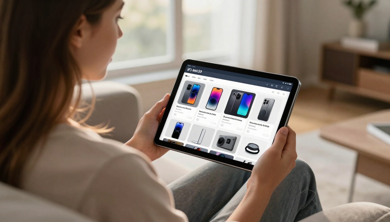 Woman sitting cross-legged on sofa holding tablet with interactive catalog