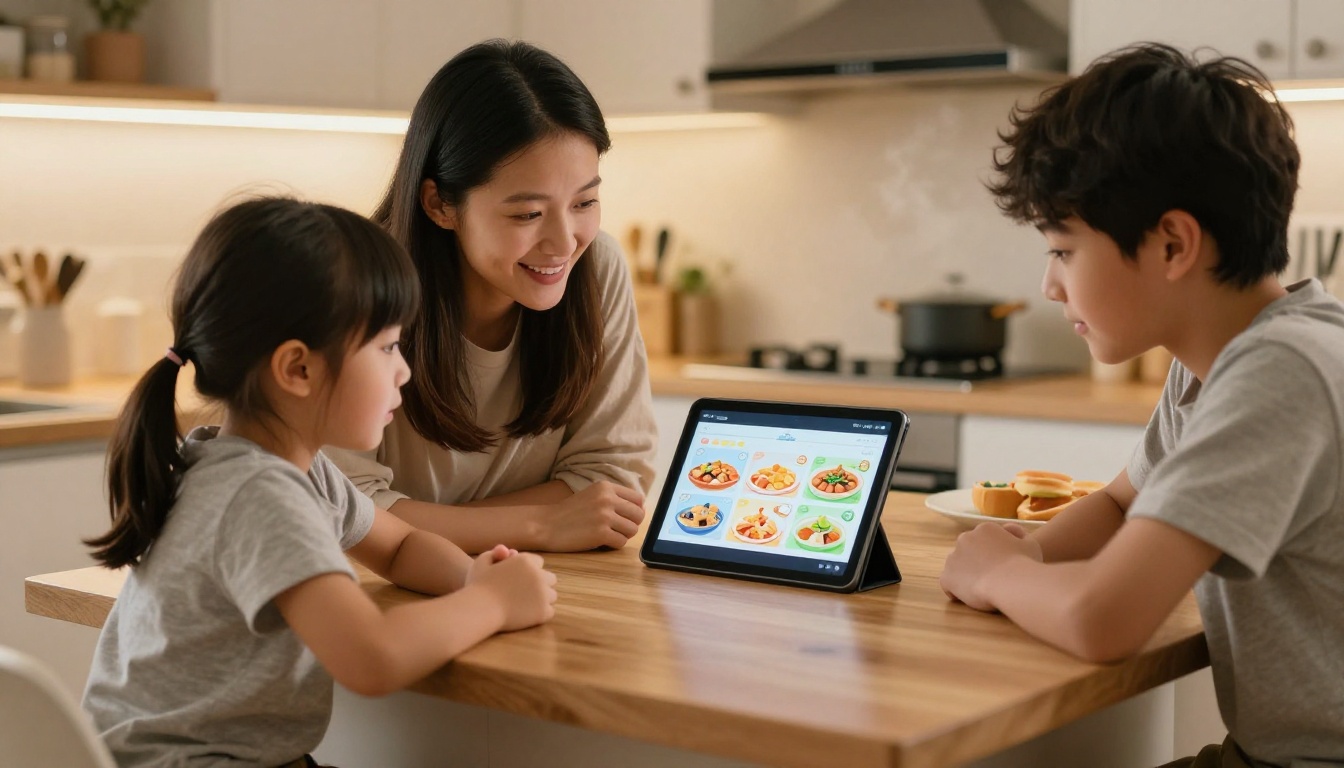 A family of four gathered around a light wood kitchen island looking together at a digital tablet showing a colorful interactive recipe flipbook