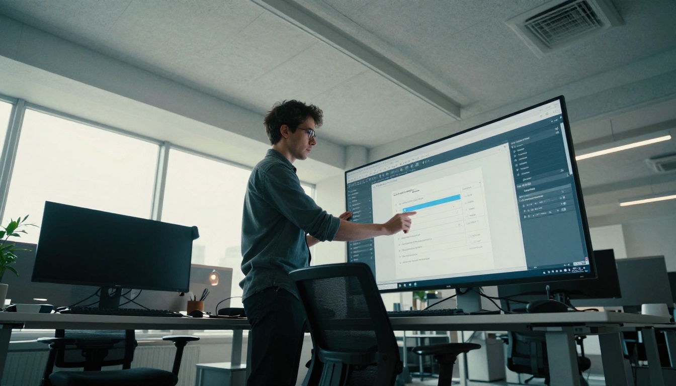 Graphic designer standing at sit-stand desk uploading PDF on large monitor