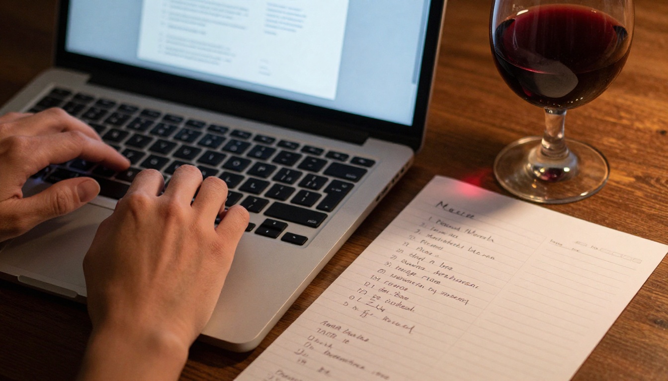 A person's hands typing on a silver laptop keyboard at a dark walnut desk with handwritten recipe notes on paper and a glass of red wine beside the keyboard