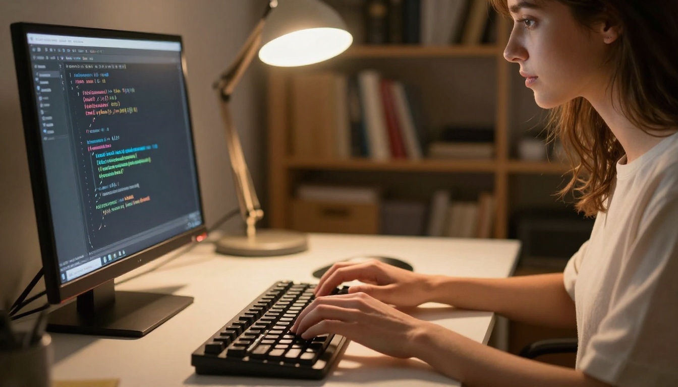 Woman at white desk with iframe HTML code highlighted on screen beside her