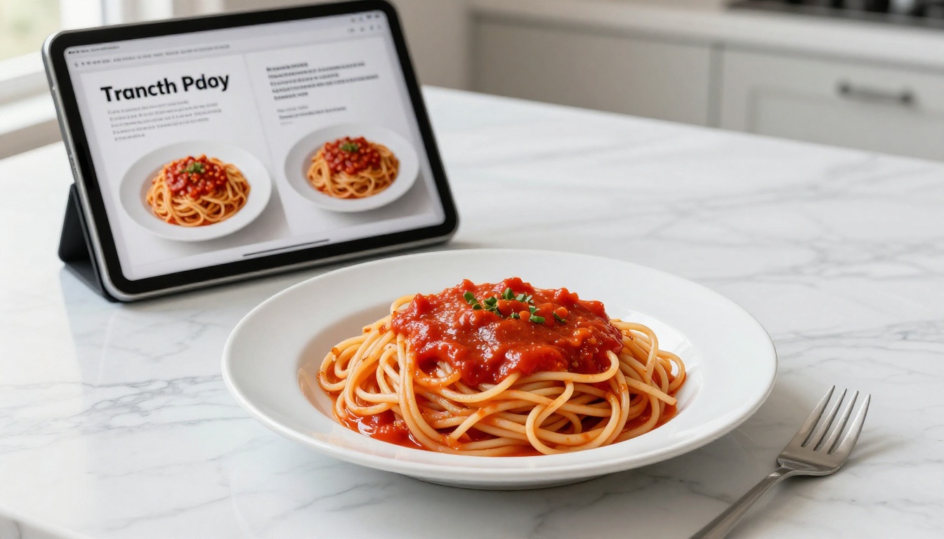A beautifully plated fresh pasta dish with tomato sauce on a white ceramic plate beside a tablet showing the corresponding recipe in a digital cookbook, on a white marble counter