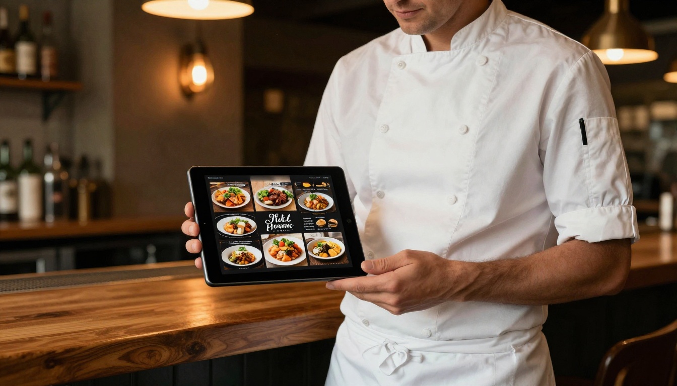 Restaurant owner in white apron holding tablet with digital menu in warmly lit bistro