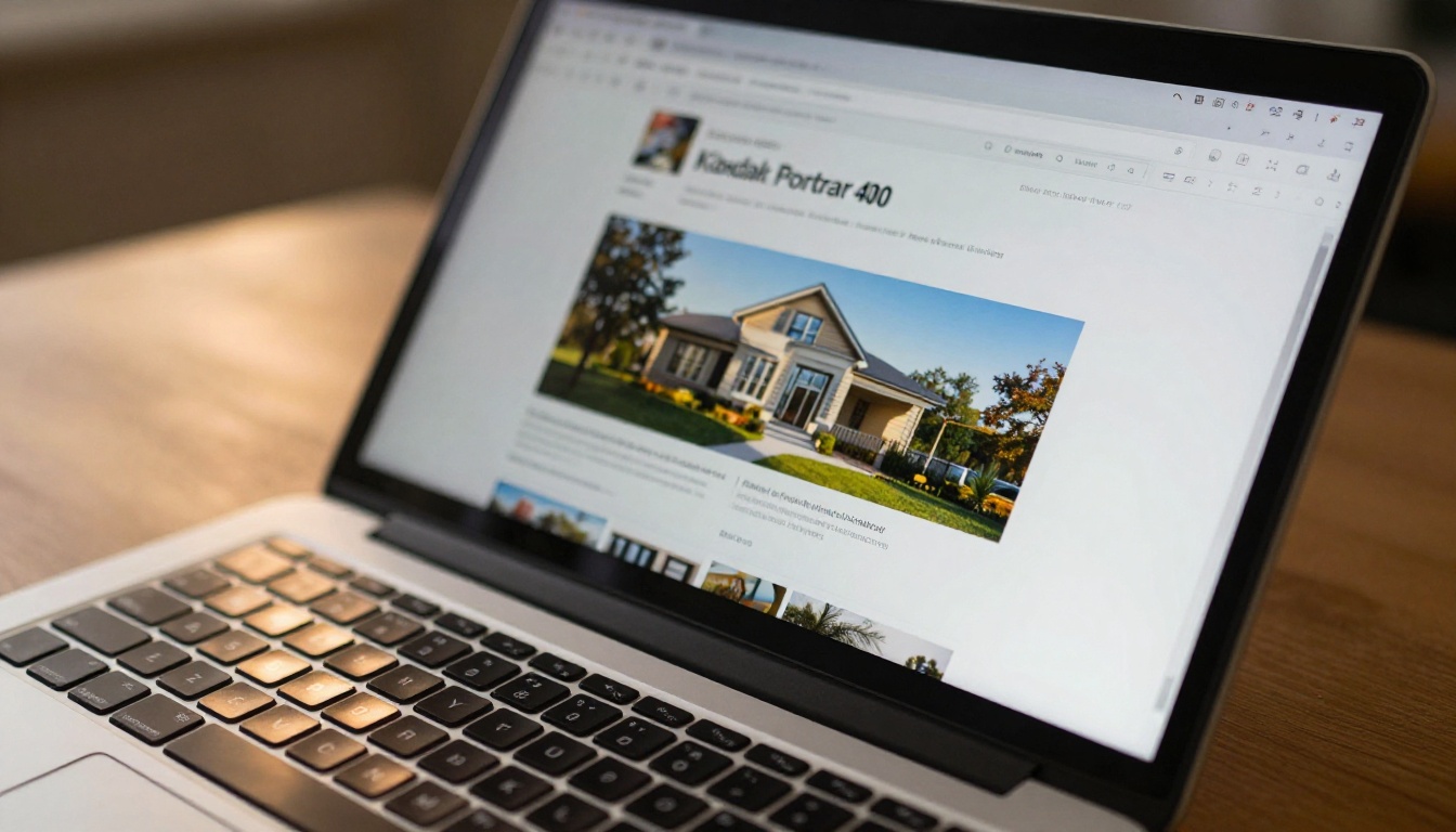 Laptop on wooden desk showing embedded flipbook widget with real estate brochure