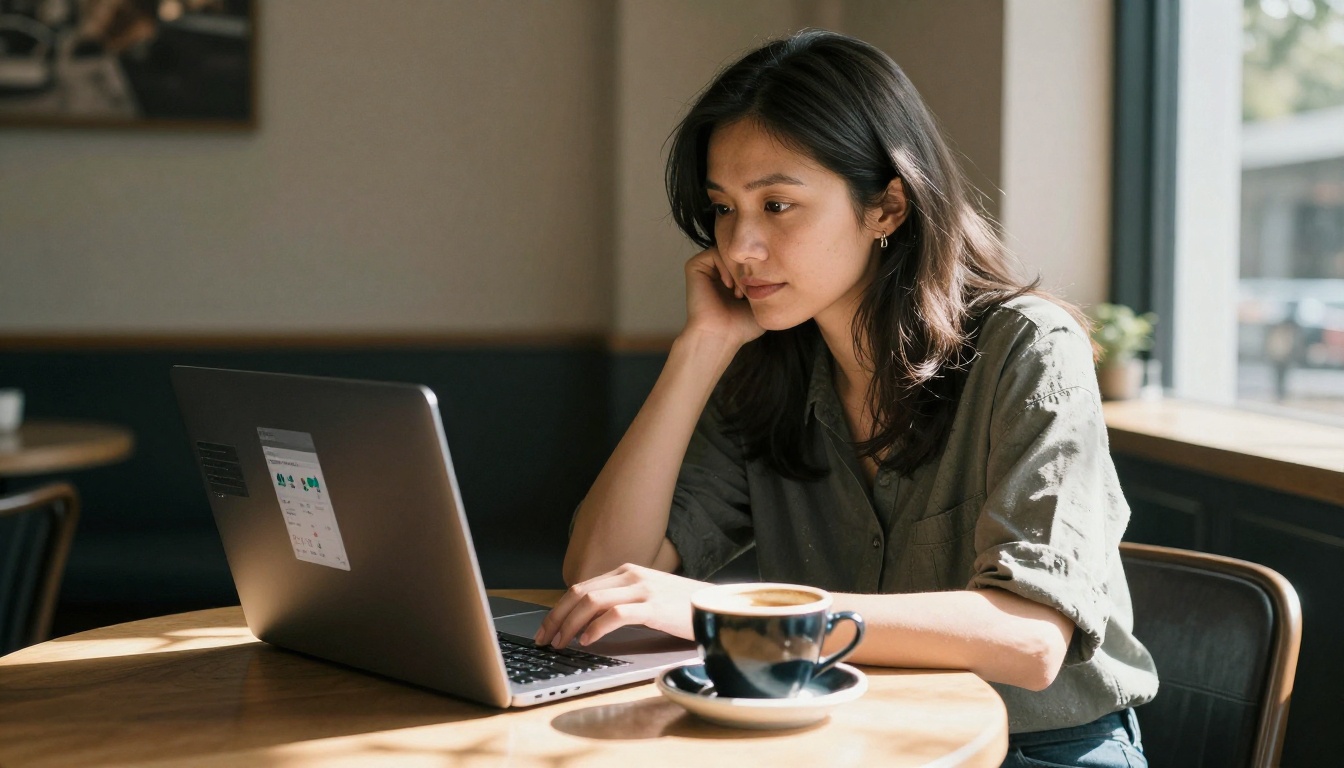 Creative woman at sunlit café with analytics dashboard open on MacBook
