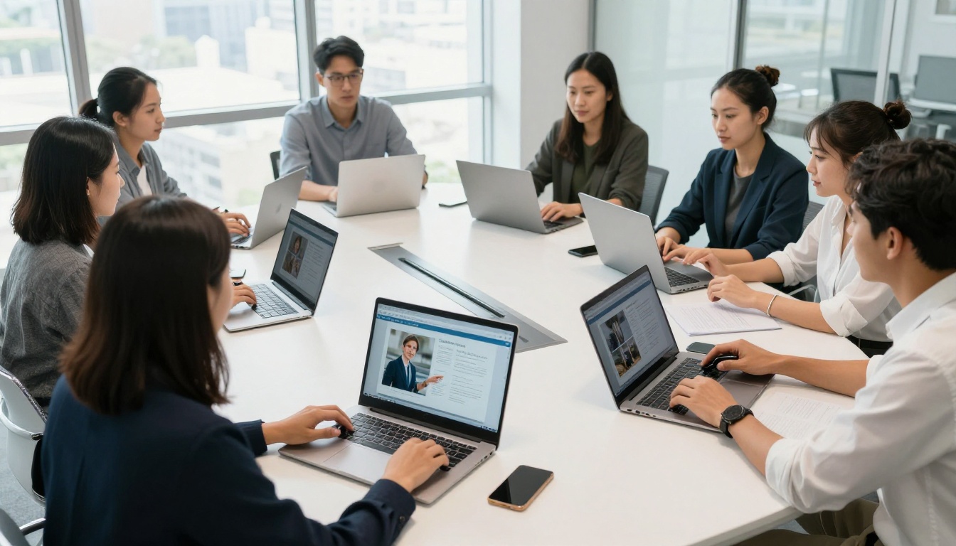 Aerial view of marketing team at conference table with multiple laptops showing publications