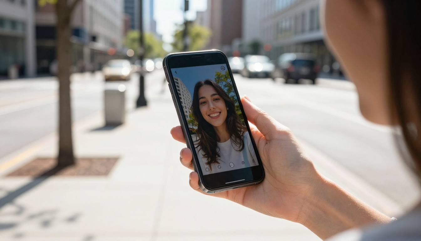 Smiling woman on city sidewalk holding smartphone showing mobile-responsive flipbook