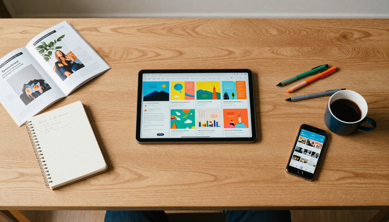 Overhead flat-lay of a desk with tablet showing colorful digital flipbook, printed brochures, notebook with handwritten notes, colored pens, and coffee cup in soft natural light Overhead flat-lay of a desk with tablet showing colorful digital flipbook, printed brochures, notebook with handwritten notes, colored pens, and coffee cup in soft natural light