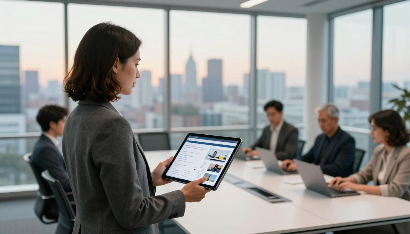 Professional woman in grey blazer presenting digital product catalog flipbook on tablet in a glass-walled conference room, colleagues blurred in the background, city skyline through windows Professional woman in grey blazer presenting digital product catalog flipbook on tablet in a glass-walled conference room, colleagues blurred in the background, city skyline through windows
