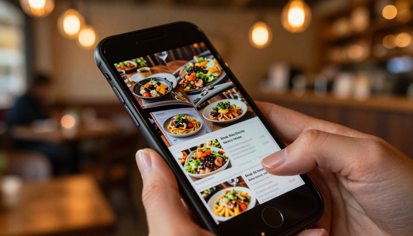 Close-up of a smartphone held by a woman showing a digital restaurant menu flipbook with vibrant food photography, warm amber restaurant lighting in the background Close-up of a smartphone held by a woman showing a digital restaurant menu flipbook with vibrant food photography, warm amber restaurant lighting in the background