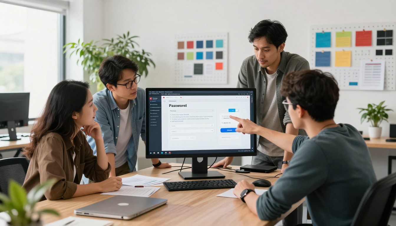 Wide shot of three creative professionals gathered around a large office monitor reviewing flipbook sharing settings, engaged expressions, plants and pegboard wall in background Wide shot of three creative professionals gathered around a large office monitor reviewing flipbook sharing settings, engaged expressions, plants and pegboard wall in background