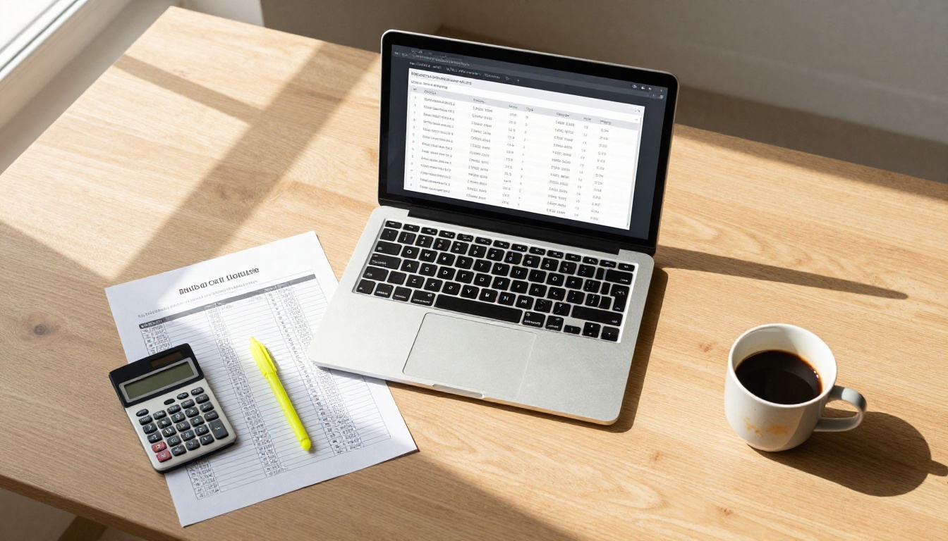 Aerial view of a work desk with pricing comparison spreadsheet, laptop, highlighter, and coffee cup in natural morning light Aerial view of a work desk with pricing comparison spreadsheet, laptop, highlighter, and coffee cup in natural morning light