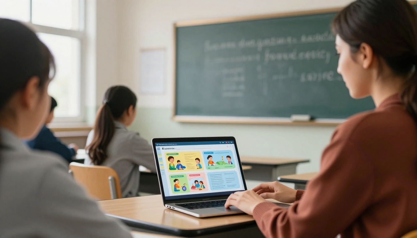 Woman teacher in burgundy cardigan showing digital educational flipbook to students on a classroom laptop, chalk blackboard visible, warm natural classroom daylight Woman teacher in burgundy cardigan showing digital educational flipbook to students on a classroom laptop, chalk blackboard visible, warm natural classroom daylight