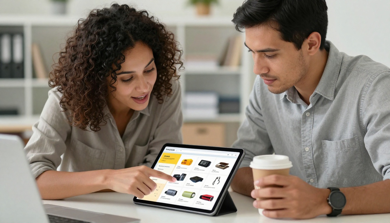 Marketing team reviewing digital flipbook content together in a modern office