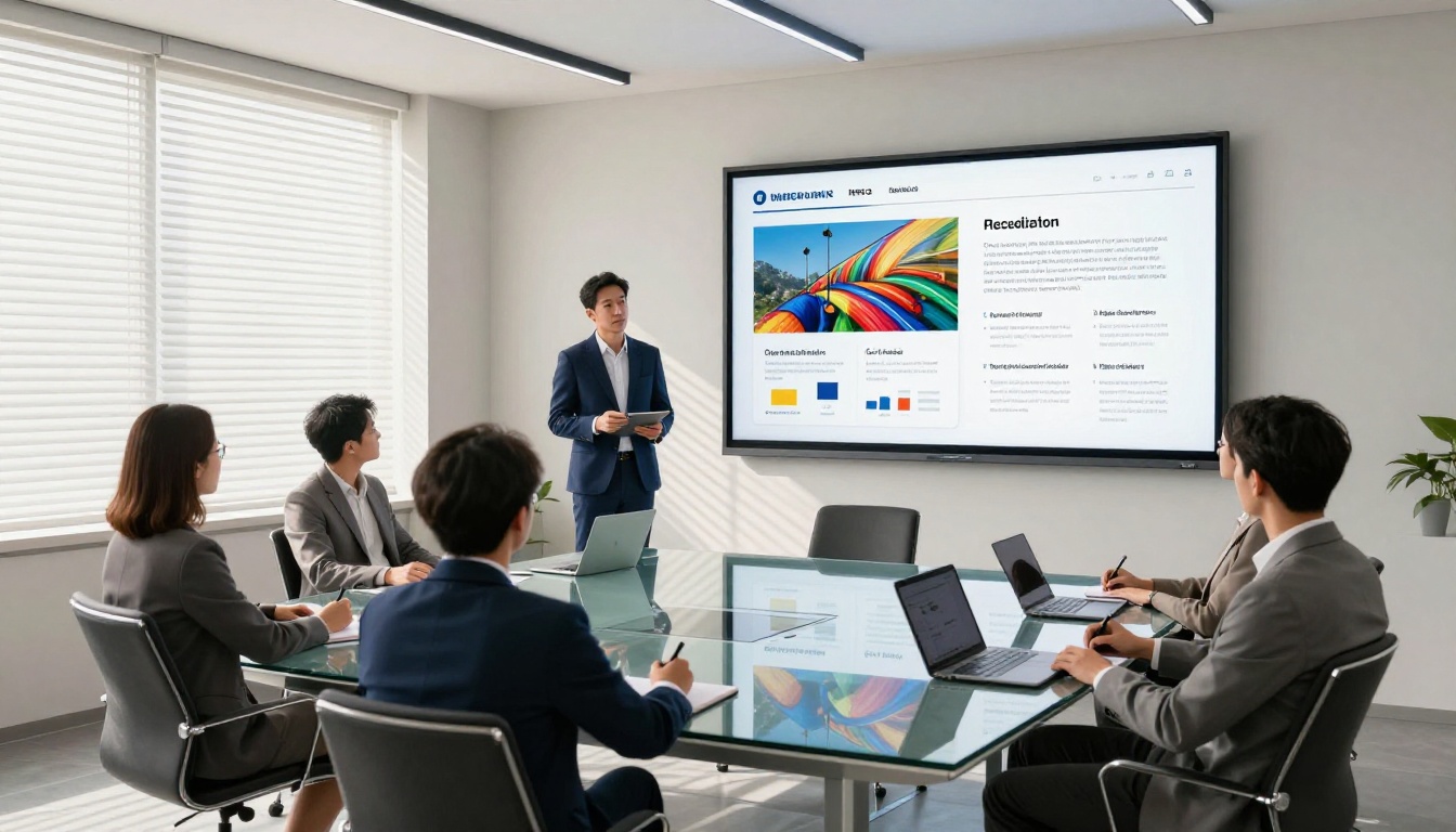 Professional conference room presentation with a digital flipbook displayed on a large wall-mounted screen