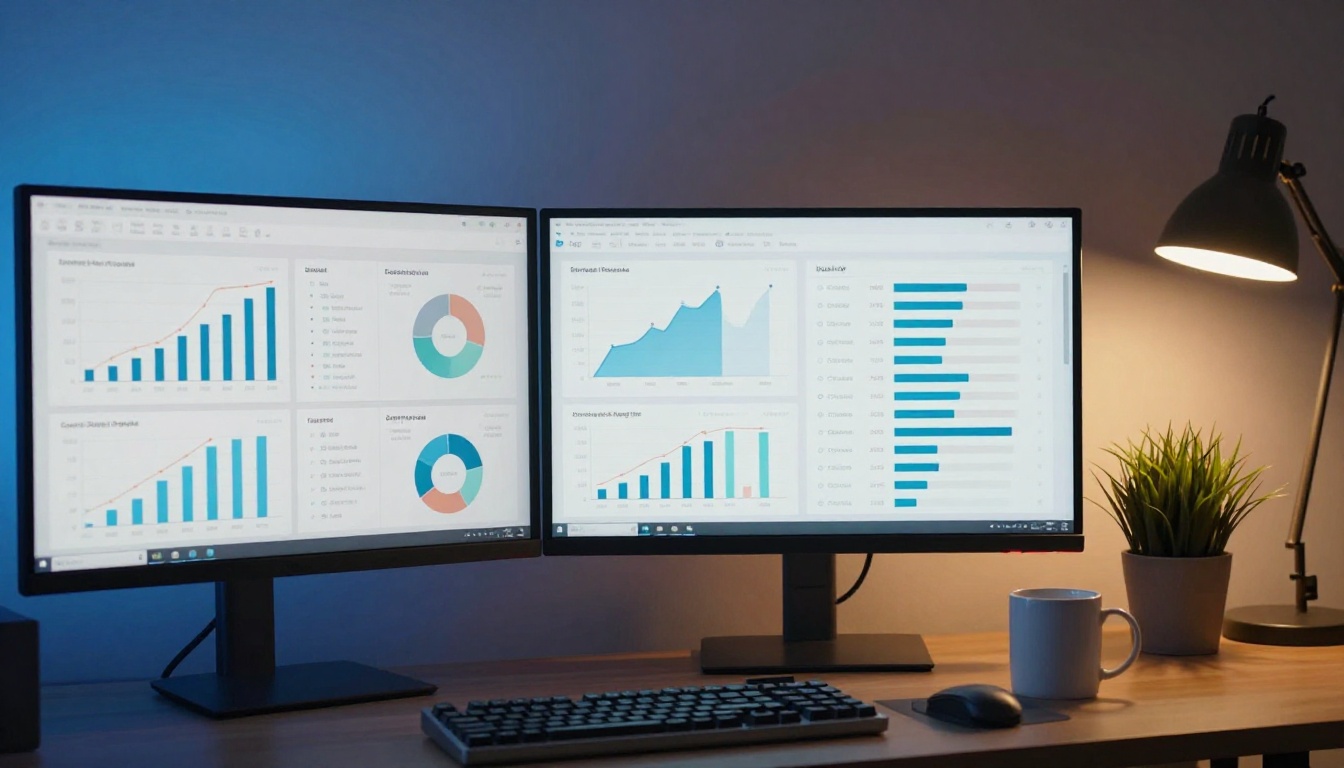 Marketing analytics dashboard on dual monitors showing performance data and content metrics
