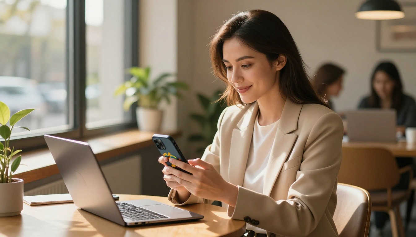 Woman reviewing a colorful flipbook on smartphone at a sunlit co-working space window seat