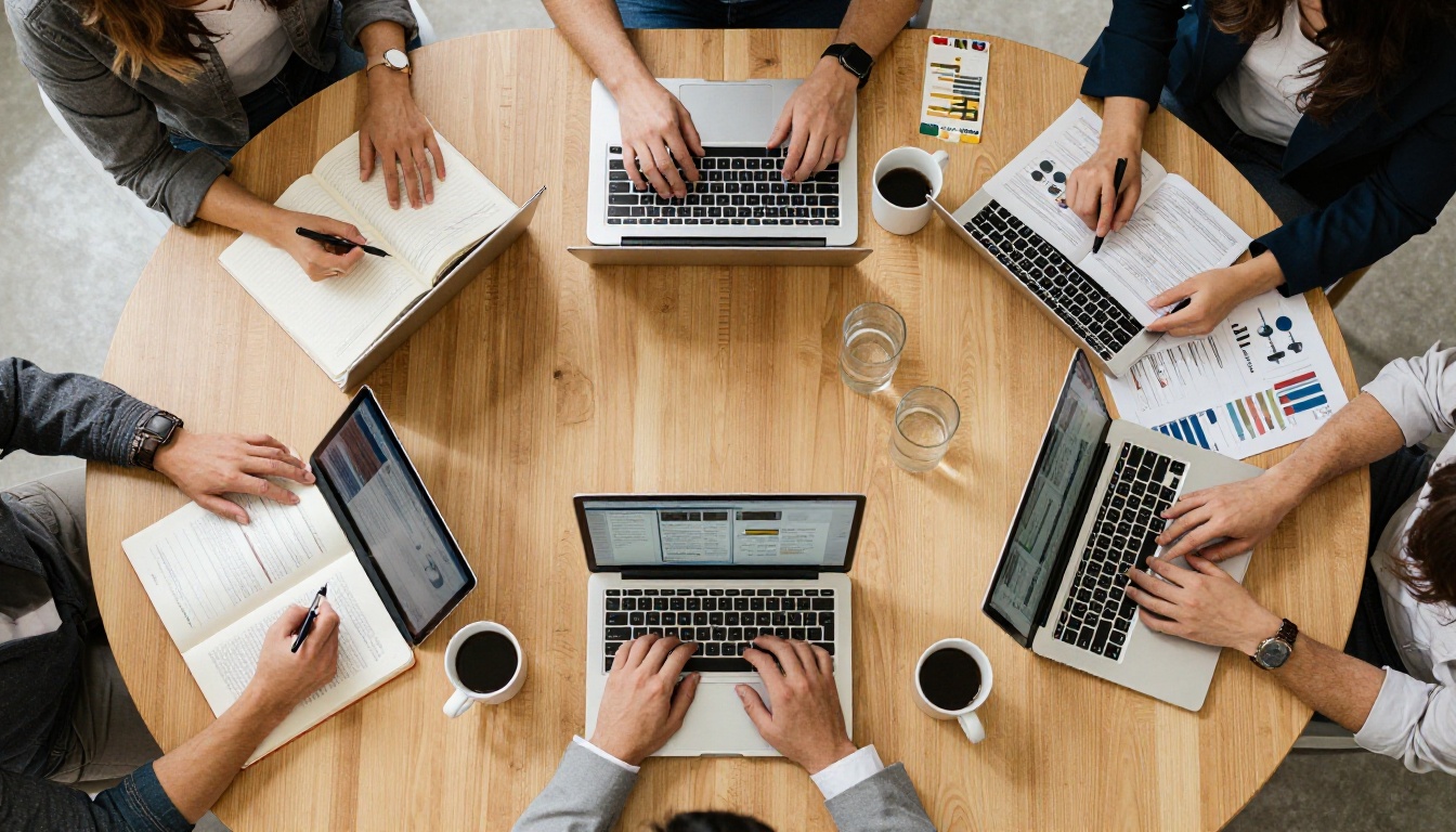 Overhead aerial view of marketing team collaborating with materials and devices spread across a wooden table