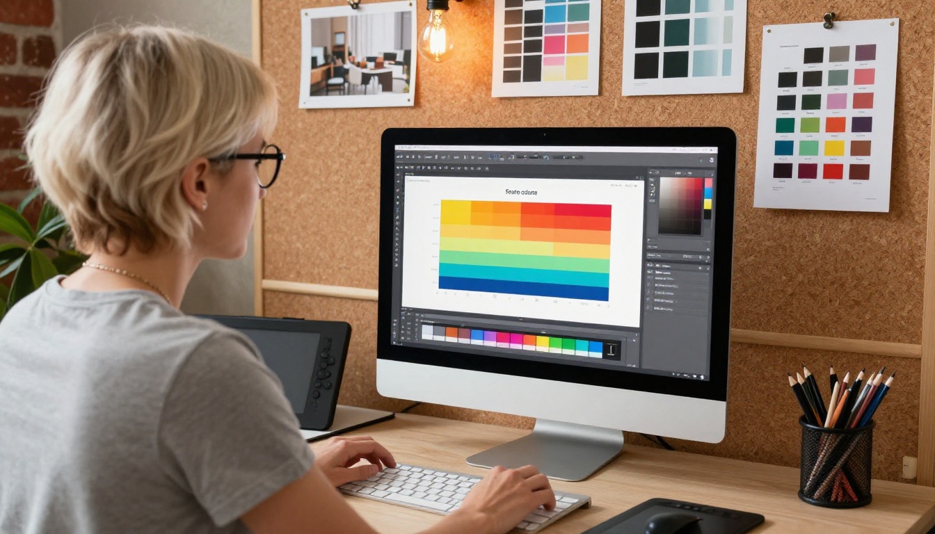 Creative designer working on a digital brochure layout at a professional studio workstation